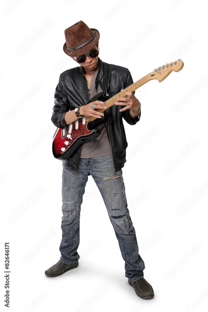 Rock guitarist practicing tapping technique, isolated on white Rock guitarist practicing tapping technique, isolated on white