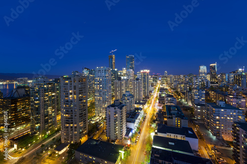 Vancouver BC Cityscape Along Robson Street Blue Hour Evening