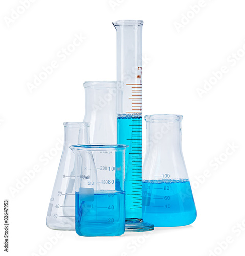 Test-tubes, flasks with blue liquid isolated on white