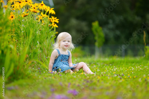 Cute little girl toddler sitting on the grass