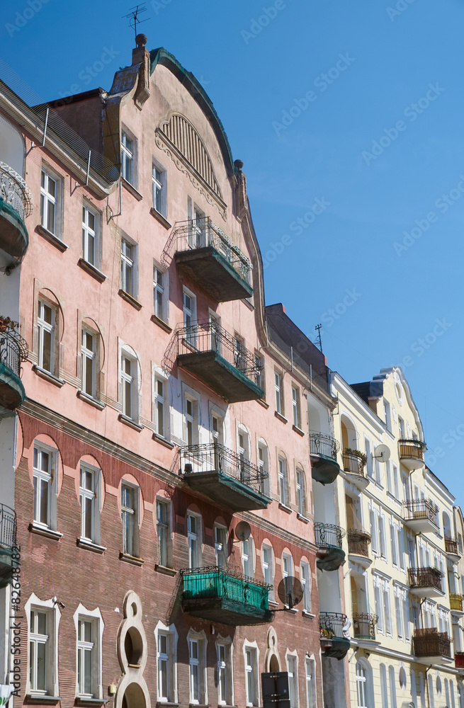 Balconies on the facade of the Art Nouveau building in Poznan.