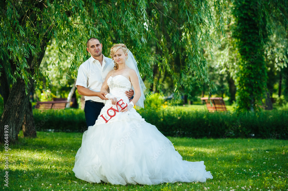Bride and Groom at wedding Day walking Outdoors on spring nature Bride and Groom at wedding Day walking Outdoors on spring nature