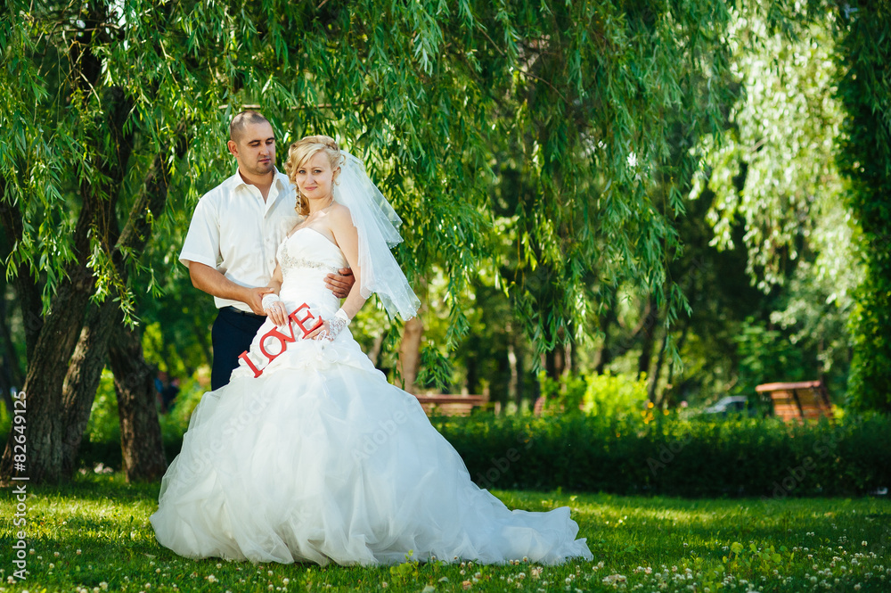 Bride and Groom at wedding Day walking Outdoors on spring nature Bride and Groom at wedding Day walking Outdoors on spring nature