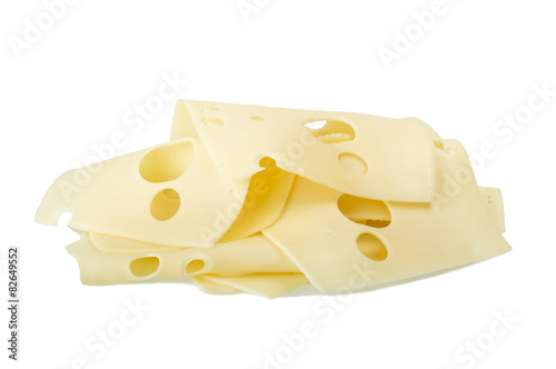 Swiss cheese slices close up on the white