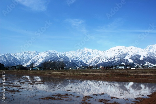 雪解け始まる春の風景/雪解け水に反射する雪山の風景です © nonsan