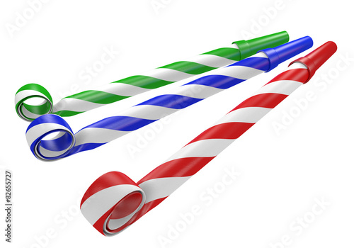 Striped red, blue, and green noisemaker party horns photo