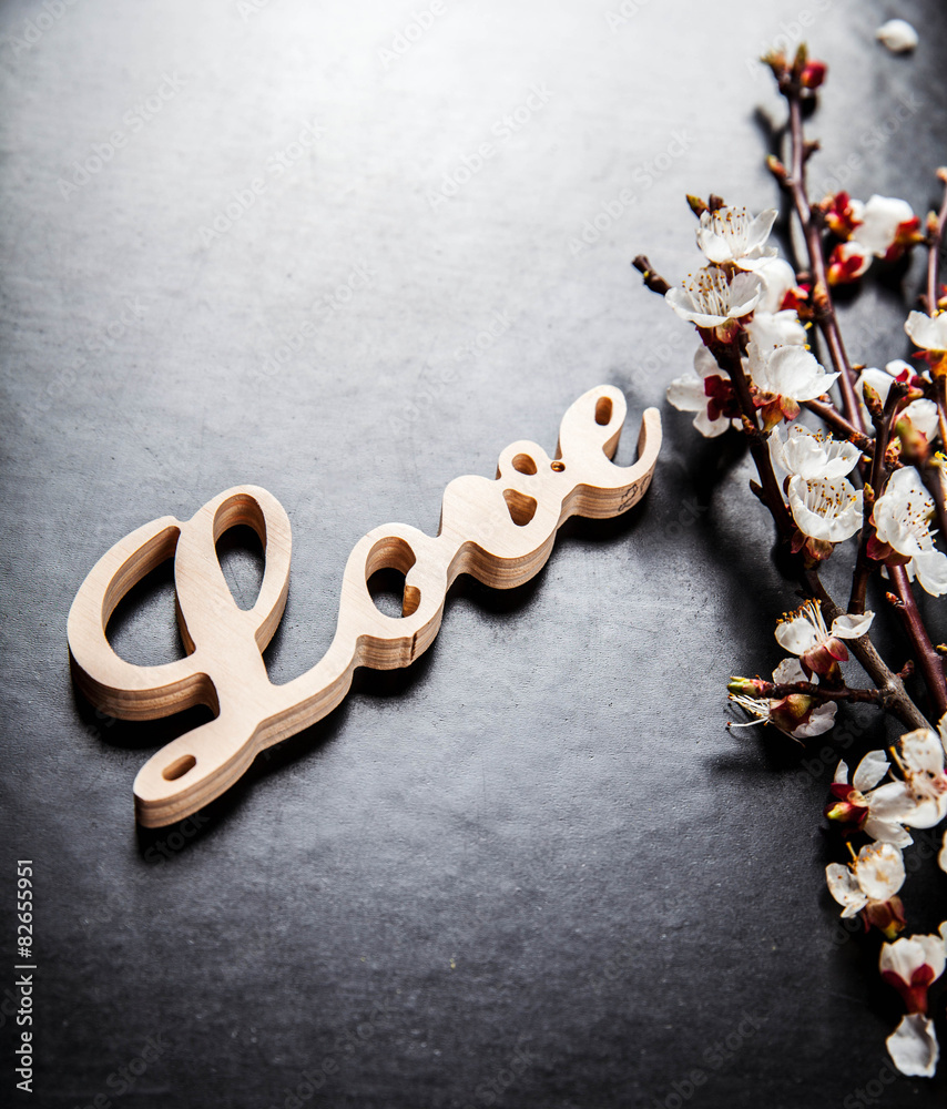bloom on a black background and a wooden sign with the word love bloom on a black background and a wooden sign with the word love
