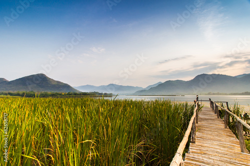Bamboo bridge near reservoir with mountain and sky view