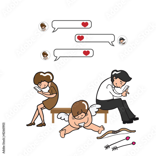Couple and Cupid texing on mobile phone