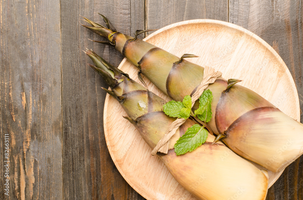 Bamboo shoot on wooden plate