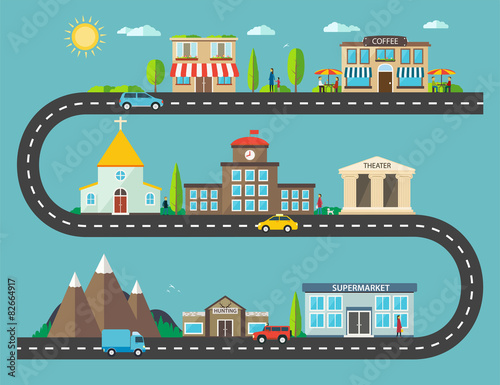 Urban landscape in flat design. City life with modern icons of u