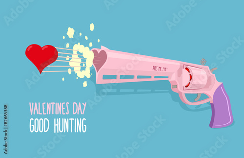 Love gun. Valentines day. Gun shoots at heart. Good hunting. Vec