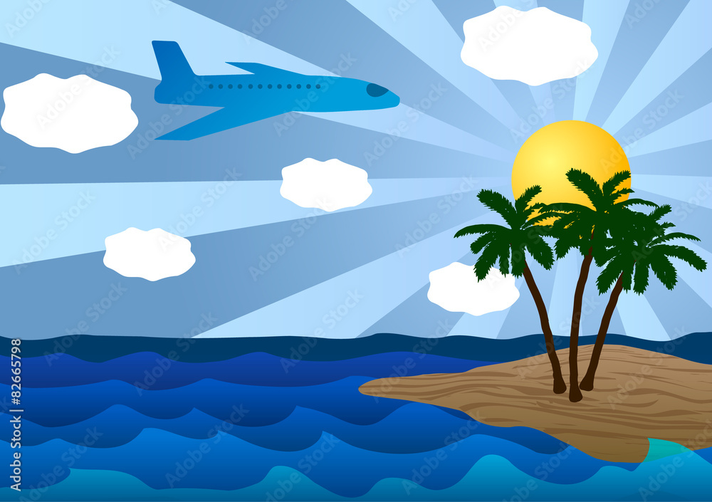 Island in the ocean and plane
