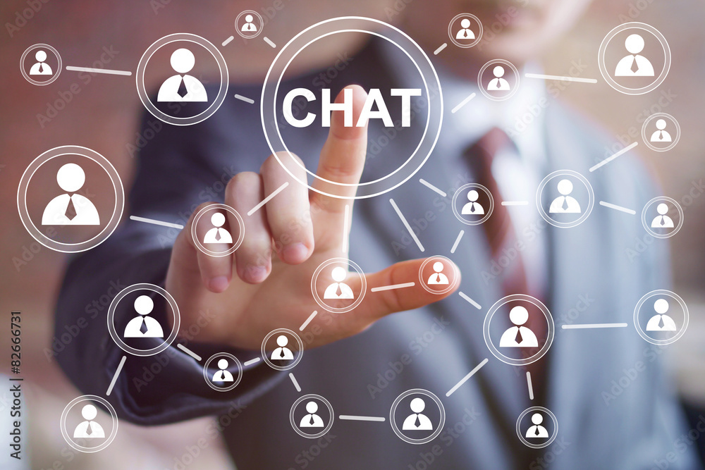 Businessman hand press chat icon web button Businessman hand press chat icon web button