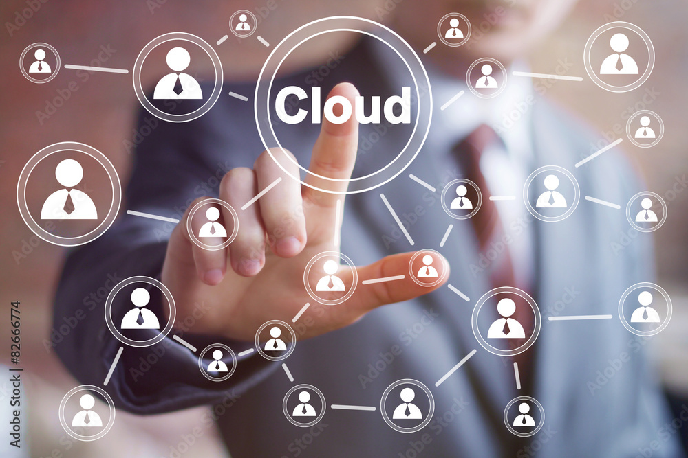 Businessman pressing icon cloud web button Businessman pressing icon cloud web button