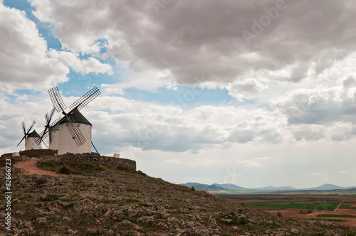 Traditional white windmills in Consuegra, Spain