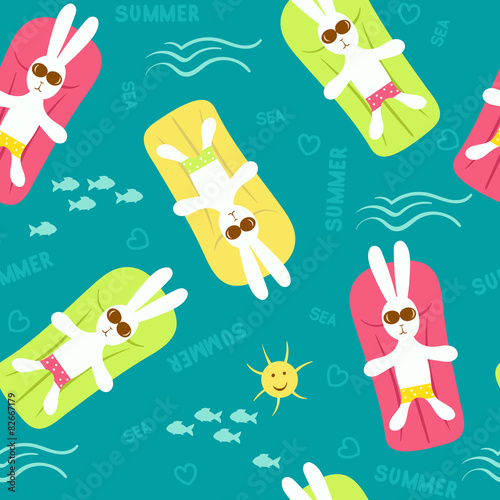 Seamless pattern with cartoon sunbathers hares