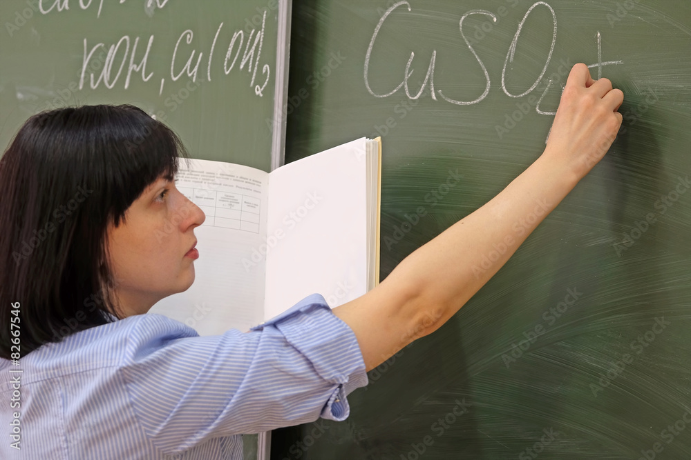 The girl teacher stands at a blackboard The girl teacher stands at a blackboard