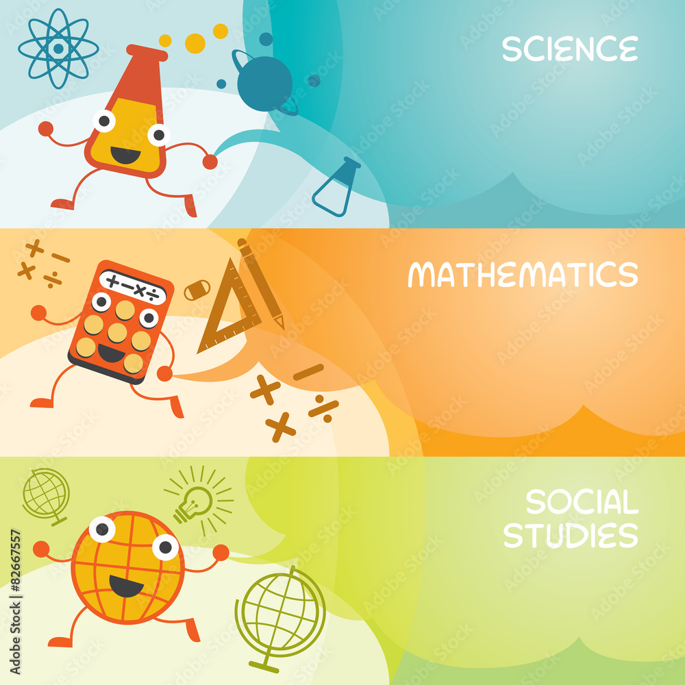 Fototapeta premium Education Characters Banner, Science, Math, Social