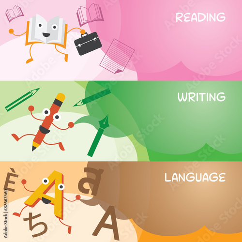 Education Characters Banner, Read, Write, Language
