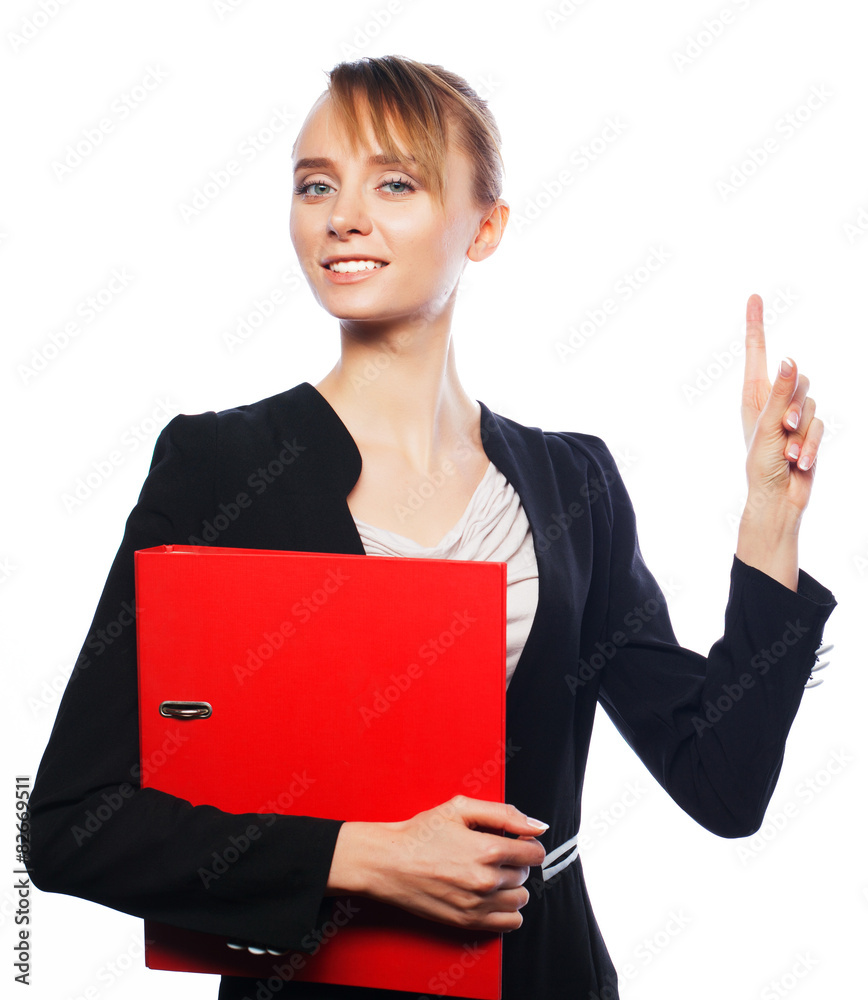 business woman pointing at white background. business woman pointing at white background.