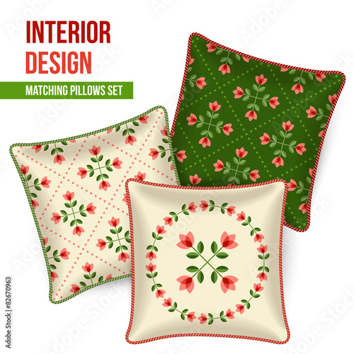 Set of matching decorative throw pillows, patterned pillowcases