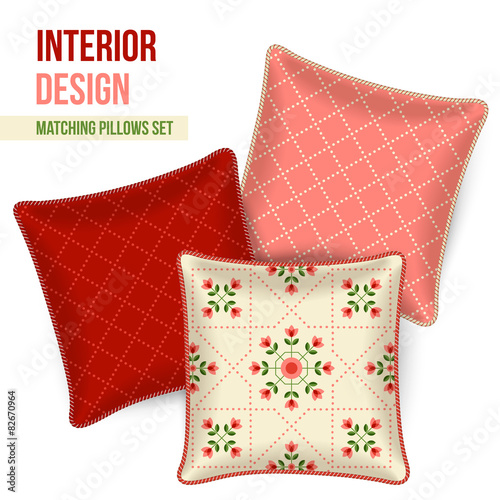 Set of matching decorative throw pillows, patterned pillowcases