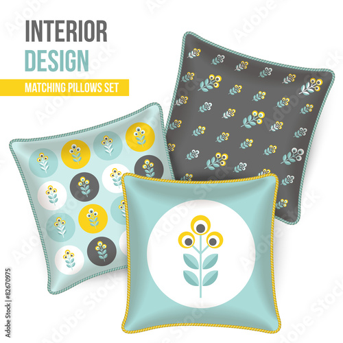 Set of matching decorative throw pillows, patterned pillowcases