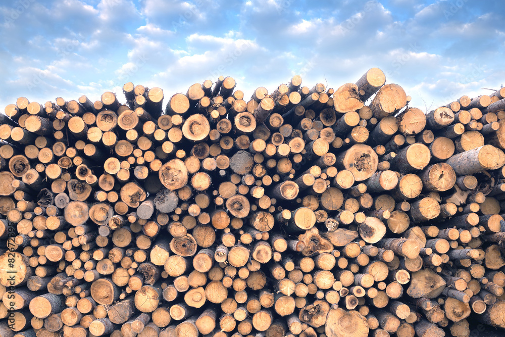 Many sawed pine logs stacked in a pile under cloudy sky