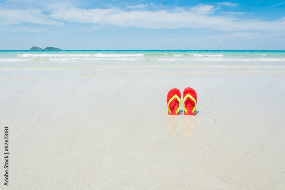 Beach, slippers on tropical beach