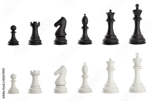 Set of black and white chess pieces. 3d illustration