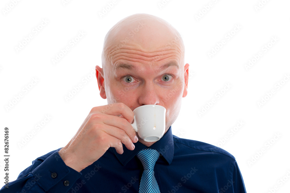 young man with bald head drinking espresso young man with bald head drinking espresso