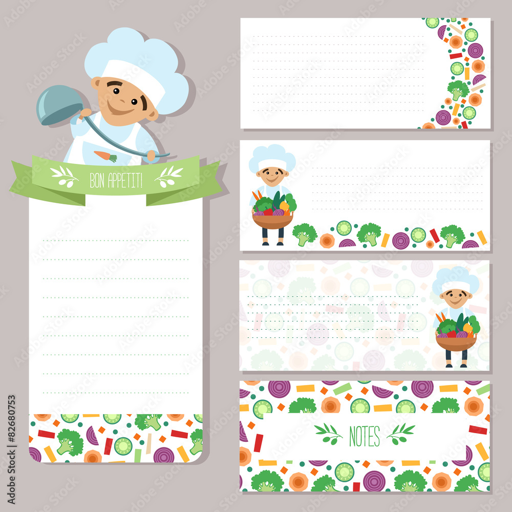 Design for notes paper with a little cook and vegetable.