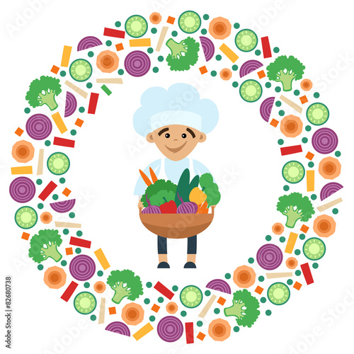 A little cook in the circle of vegetables