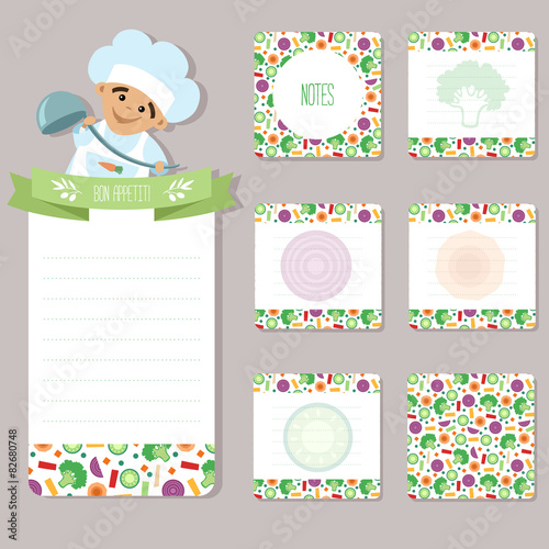 Design for notes paper with a little cook and vegetable.