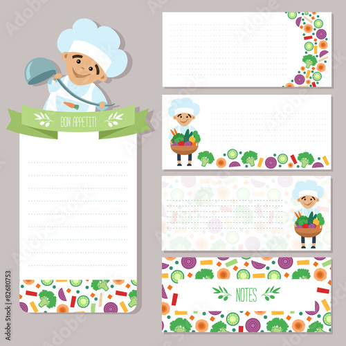 Design for notes paper with a little cook and vegetable.