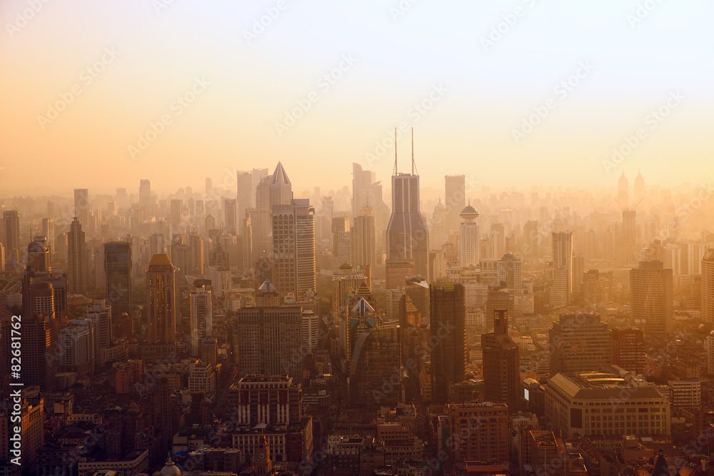 Aerial view of Shanghai at sunset, China