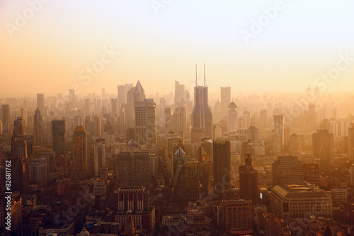 Aerial view of Shanghai at sunset  China