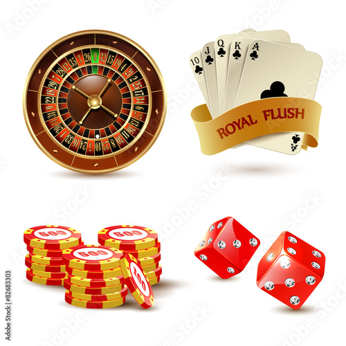 Casino elements set with cards, dice, chips and roulette. 