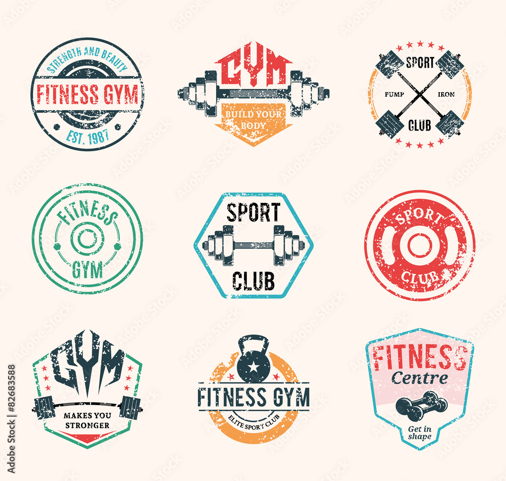 Grungy Fitness and Gym Logotypes, Labels Templates and Badges