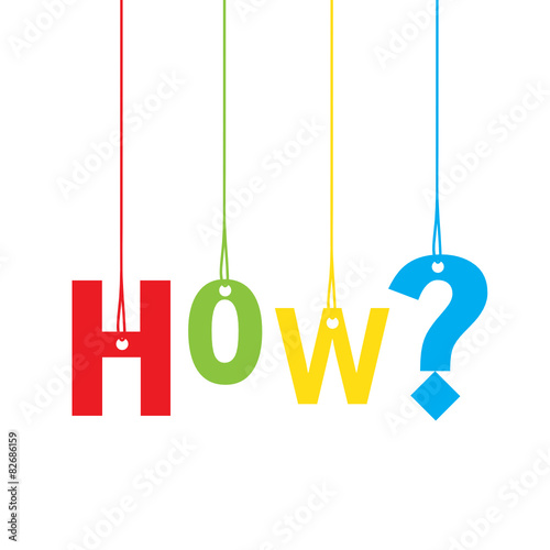 Suspended multicoloured letters spelling "HOW?" 