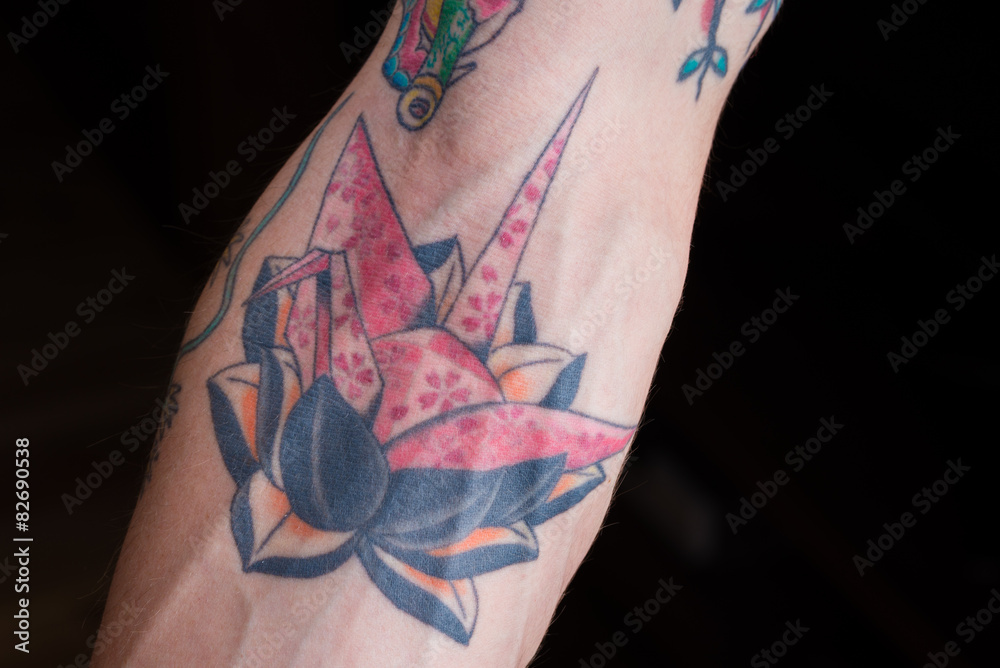 Origami Crane on Black Lotus Tattoo Stock Photo | Adobe Stock