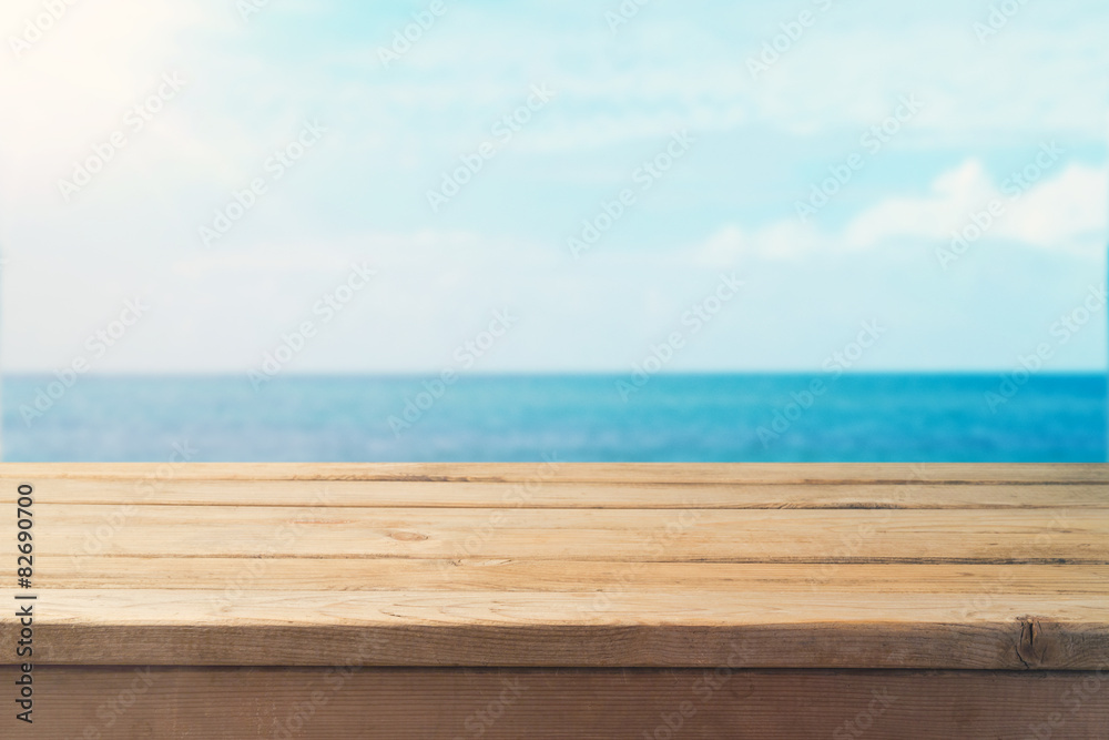Table mock up template over sea background