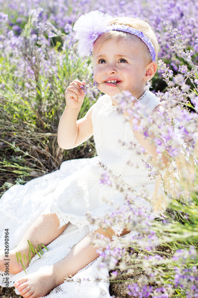 Cute child girl in field of lavender flowers Cute child girl in field of lavender flowers