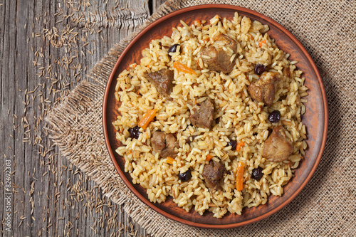 Arabic traditional national rice food pilaf cooked with meat