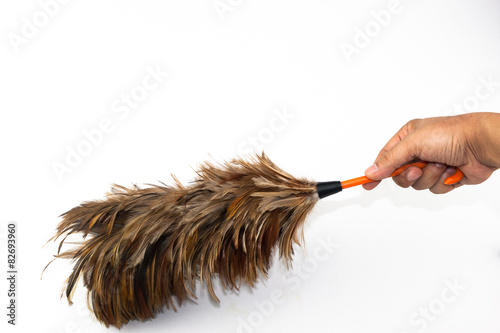 Hand holding Feather broom isolated