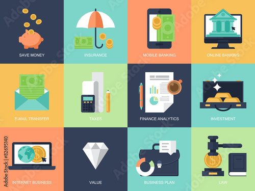 Flat modern icons for banking, finance and business. Elements fo