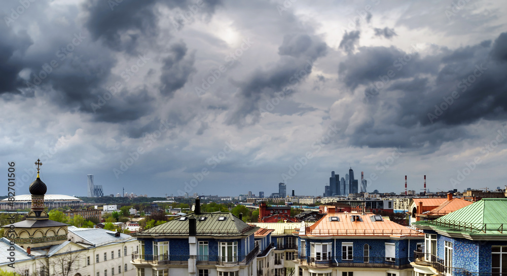 Naklejka premium Moscow city aerial panorama at stormy weather
