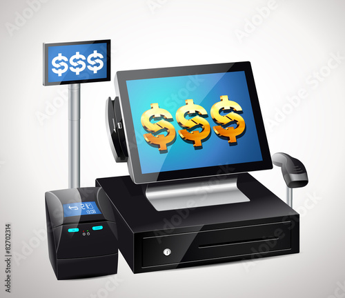 Cash register with bar code readerand receipts printer