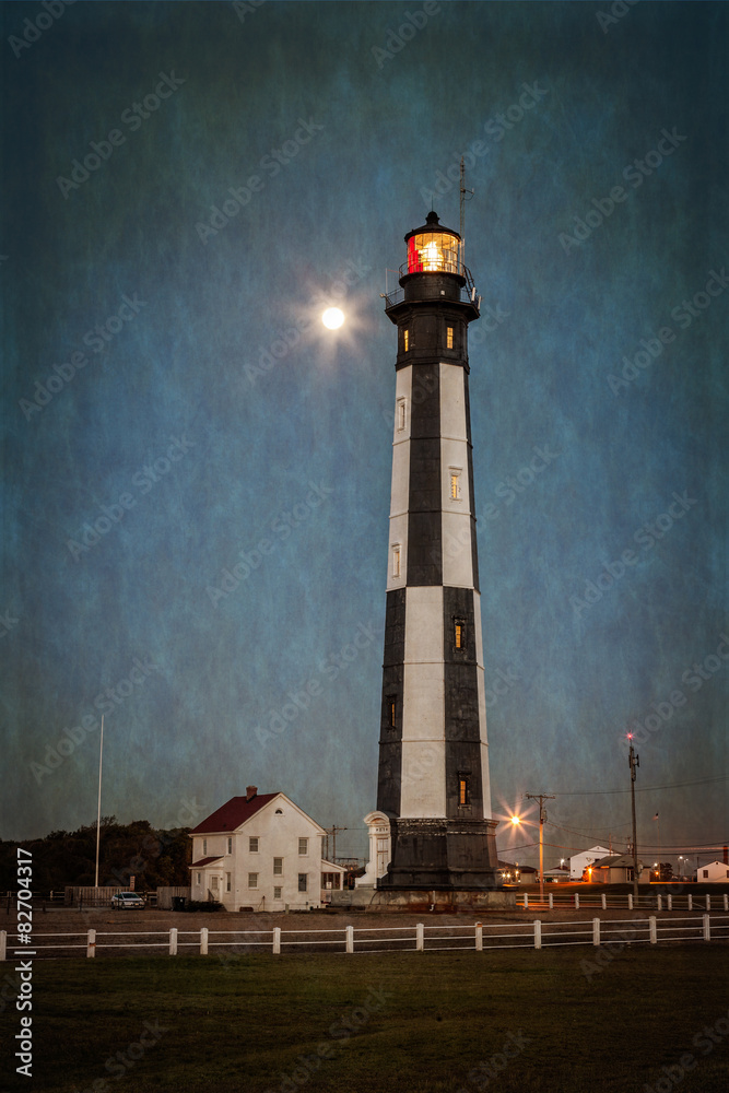 Cape Henry Lighthouse with full moon texture background.